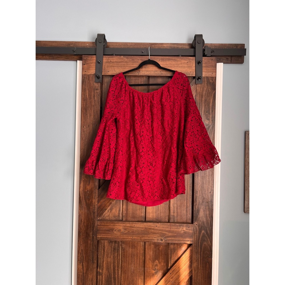 Forgotten‎ Grace Red Floral Lace Peasant Top Bell Sleeve Off Shoulder Large - Picture 5 of 15